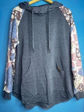 Women’s Hooded Pullover Sweater - Navy Blue with Patterned Sleeves
